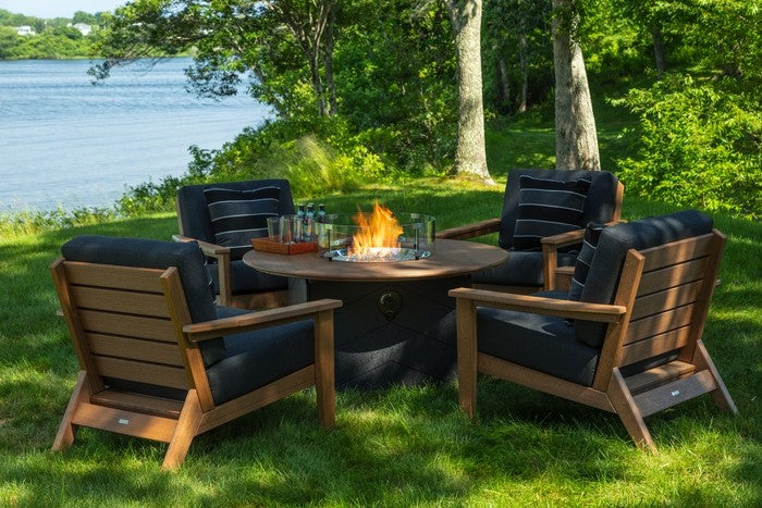 Dex Fire Pit with 4 chairs with Heatherwood teak envirowood and black sunbella fabric